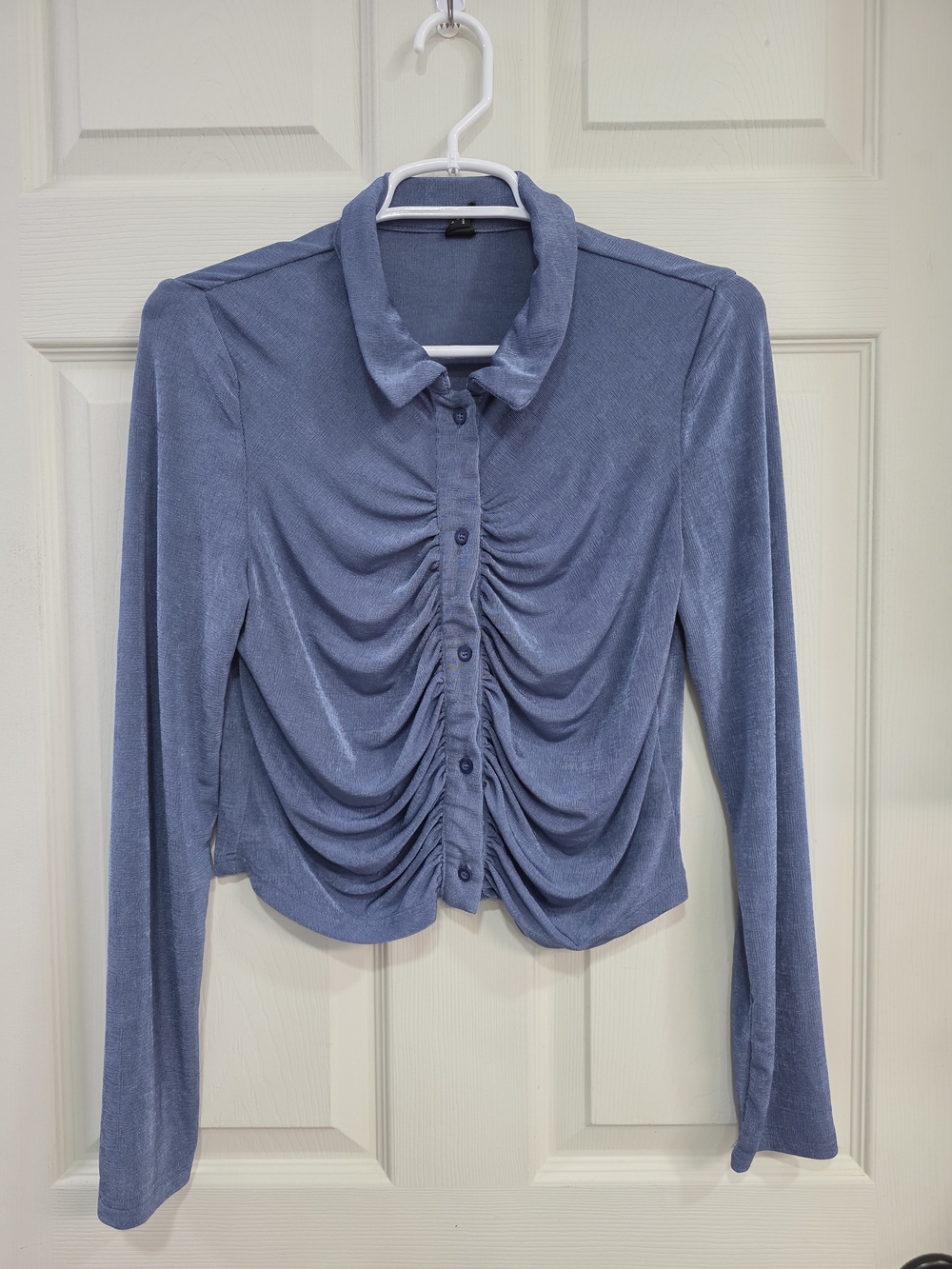 SHEIN Dusty Blue Ruched Button-Front Long Sleeve Shirt